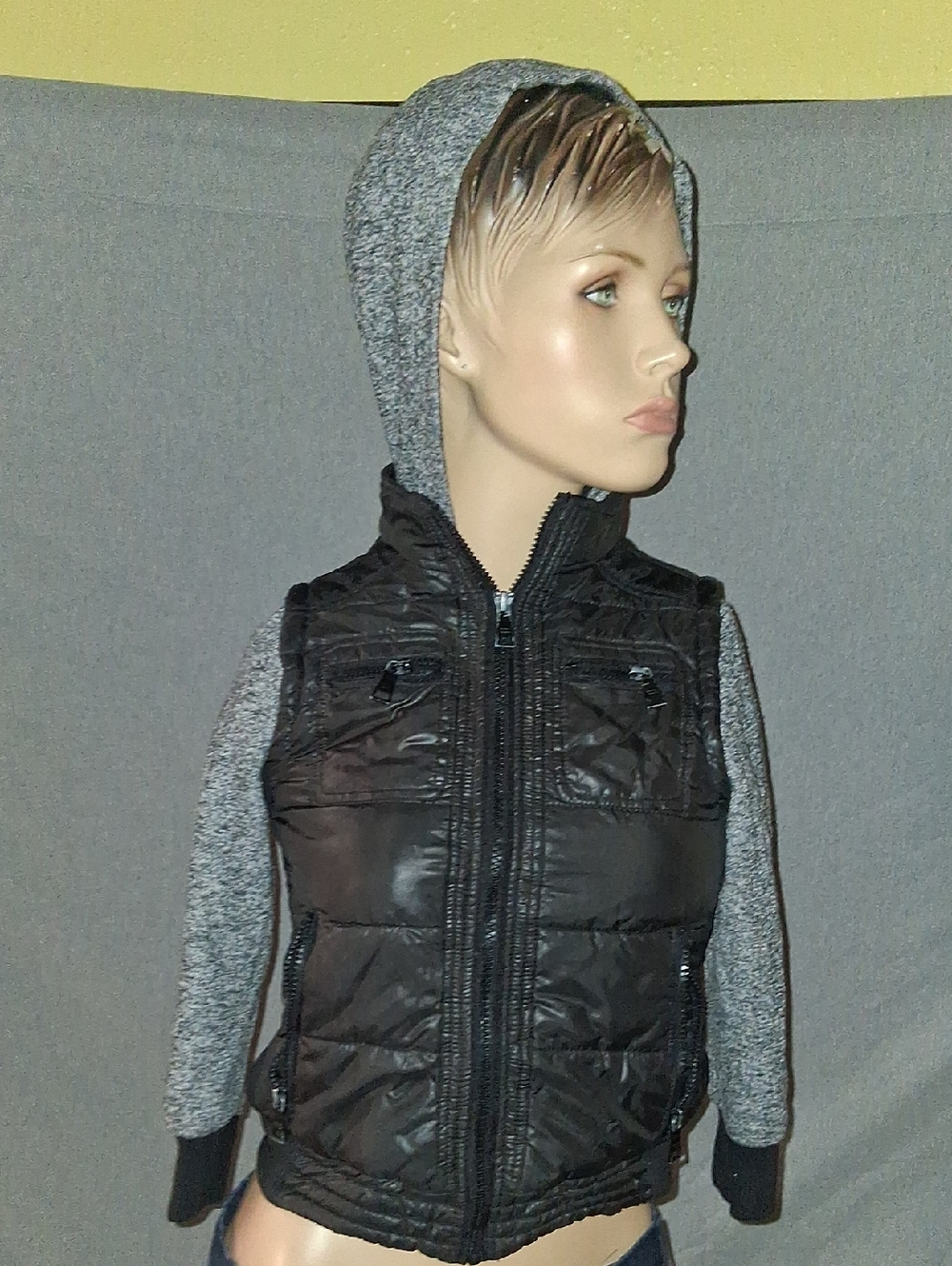Urban Republic Black Hooded Puffer Vest with Gray Knit Sleeves